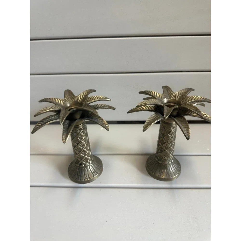 Vintage Engraved Brass Mid Century Palm Tree Taper Candle Holders Set